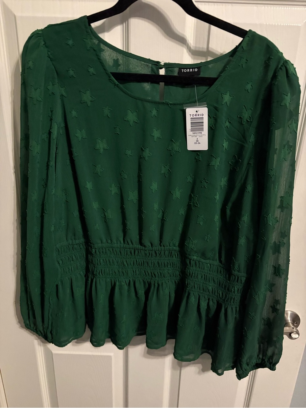 208- torrid Emerald Star-Texture Smocked Peplum Blouse